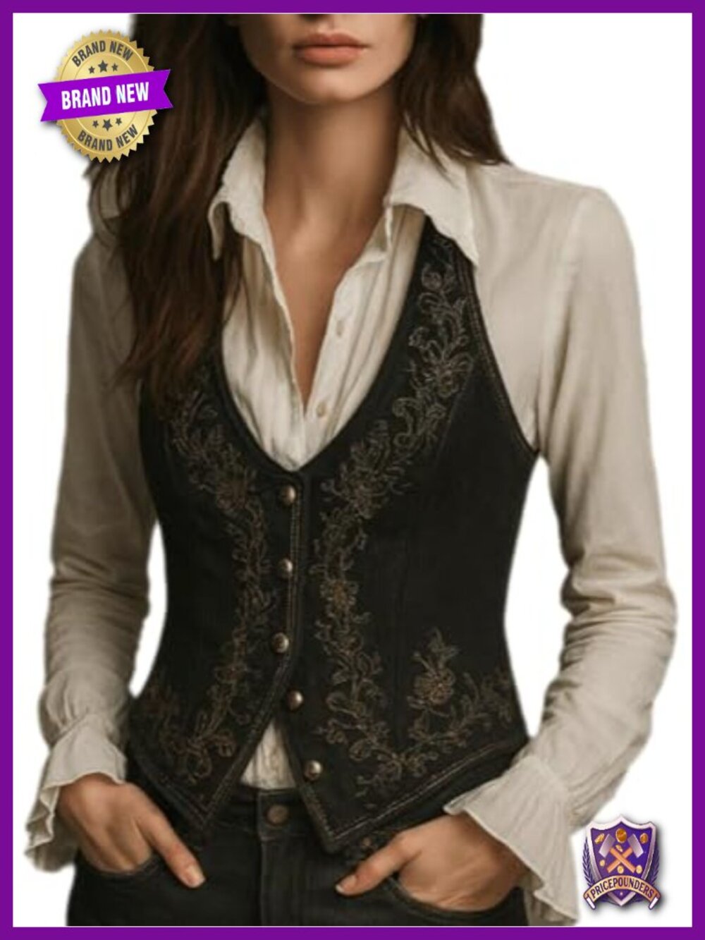 Embroidered Sleeveless V Neck Western Vest Women